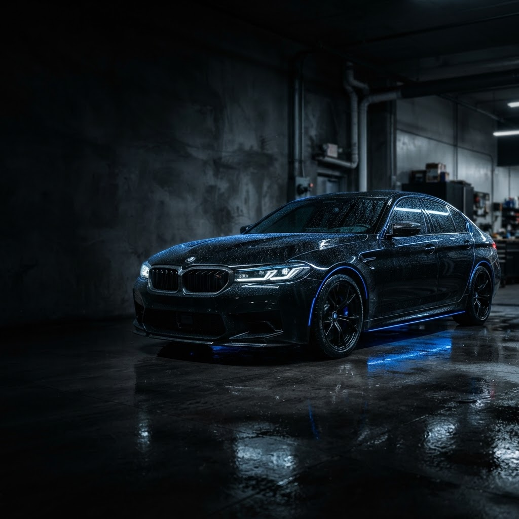 Freshly detailed black sports car glistening under blue light